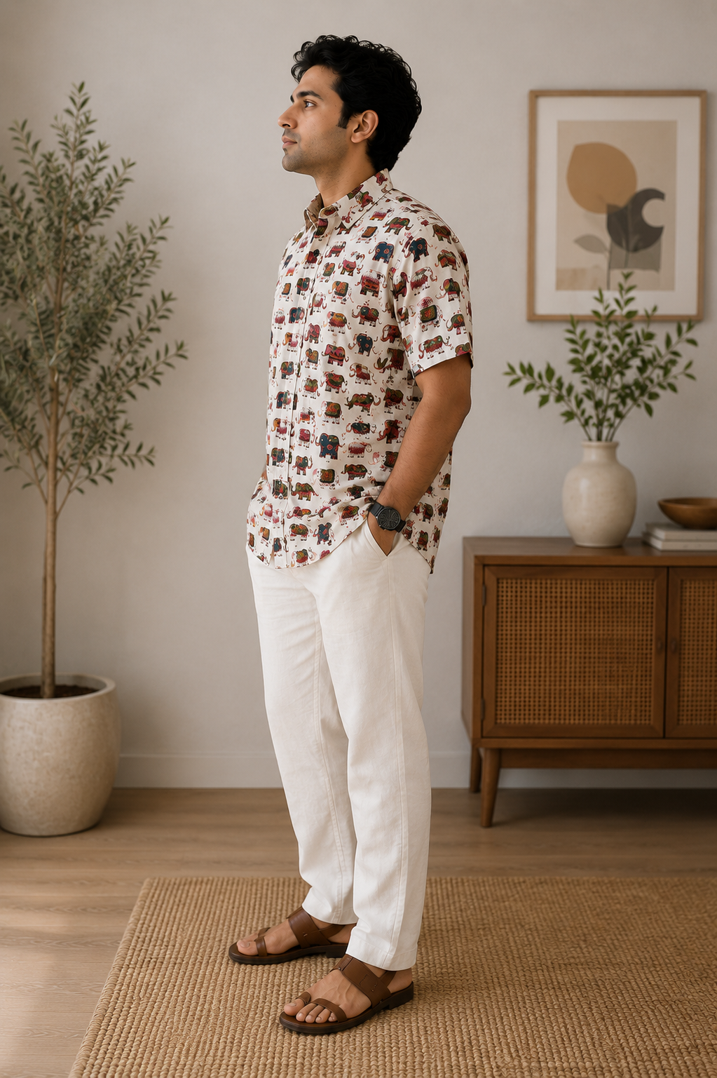 Men’s Off-White Elephant Print Cotton Shirt