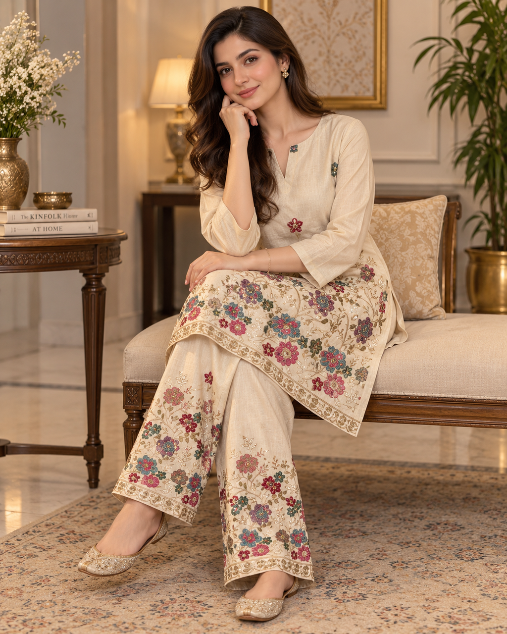 Garden Embroidered Two-Piece Palazzo Set