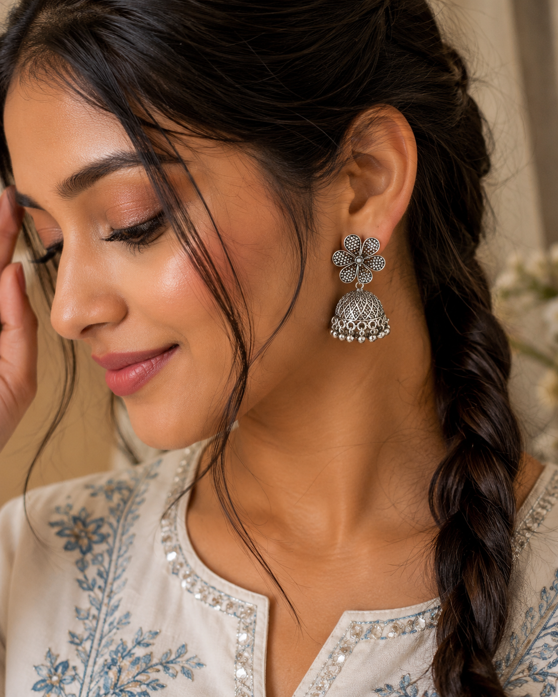 Silver Blossom Jhumka Earrings