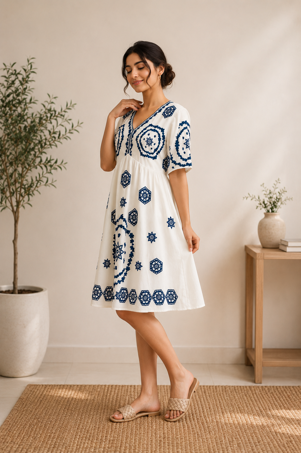 Ivory & Indigo Embroidered Cotton Ethnic Dress