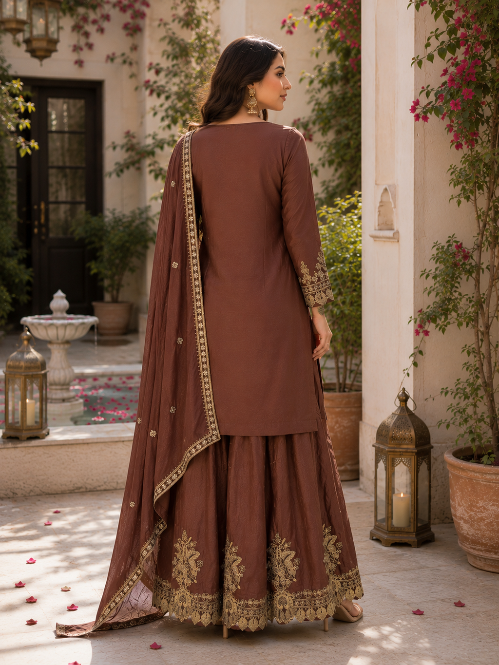 Royal Cocoa Embroidered Sharara Set