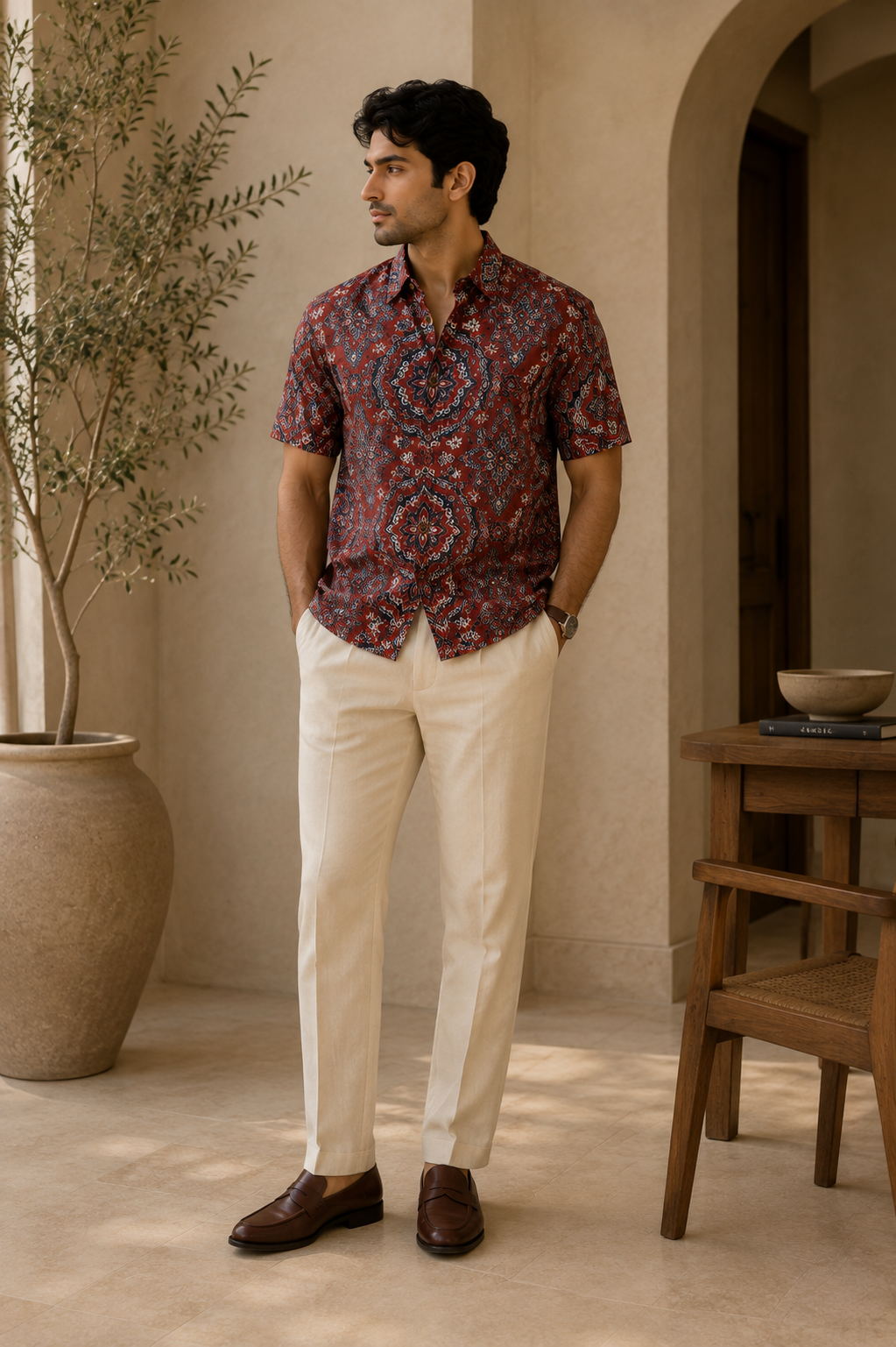 Rust Red Cotton Printed Shirt