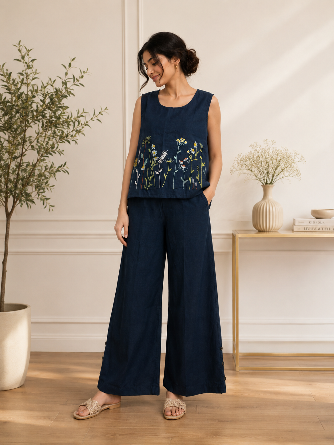 Navy Blue Embroidered Kurti & Palazzo Suit Set