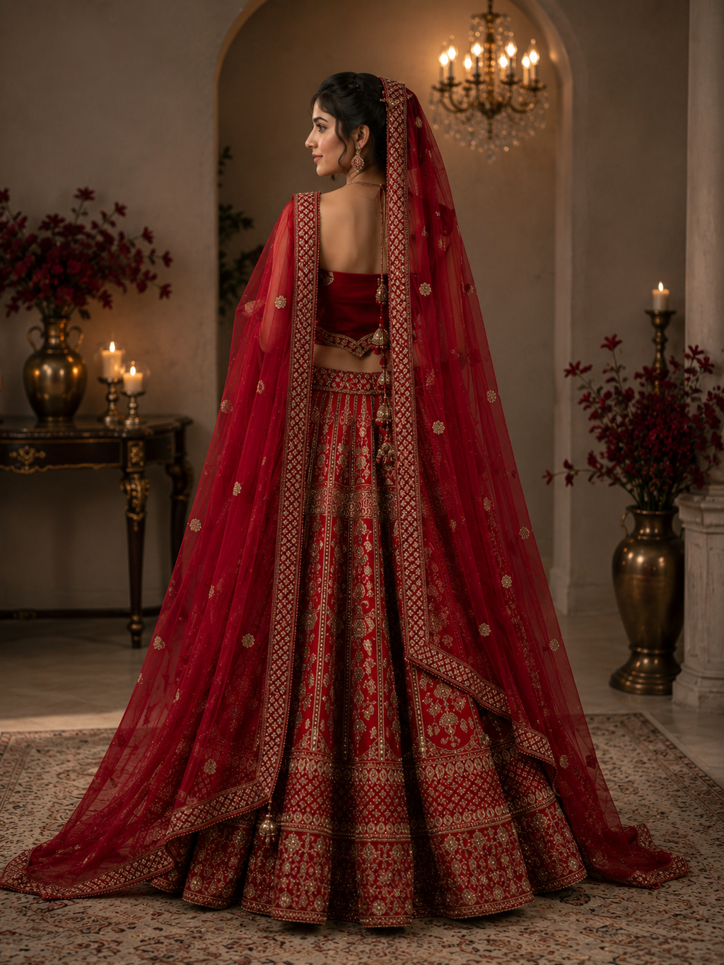Royal Red Embroidered Bridal Lehenga Set with Two Dupattas
