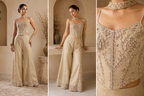 Beige Embroidered Crop Top & Flared Palazzo Set with Slits