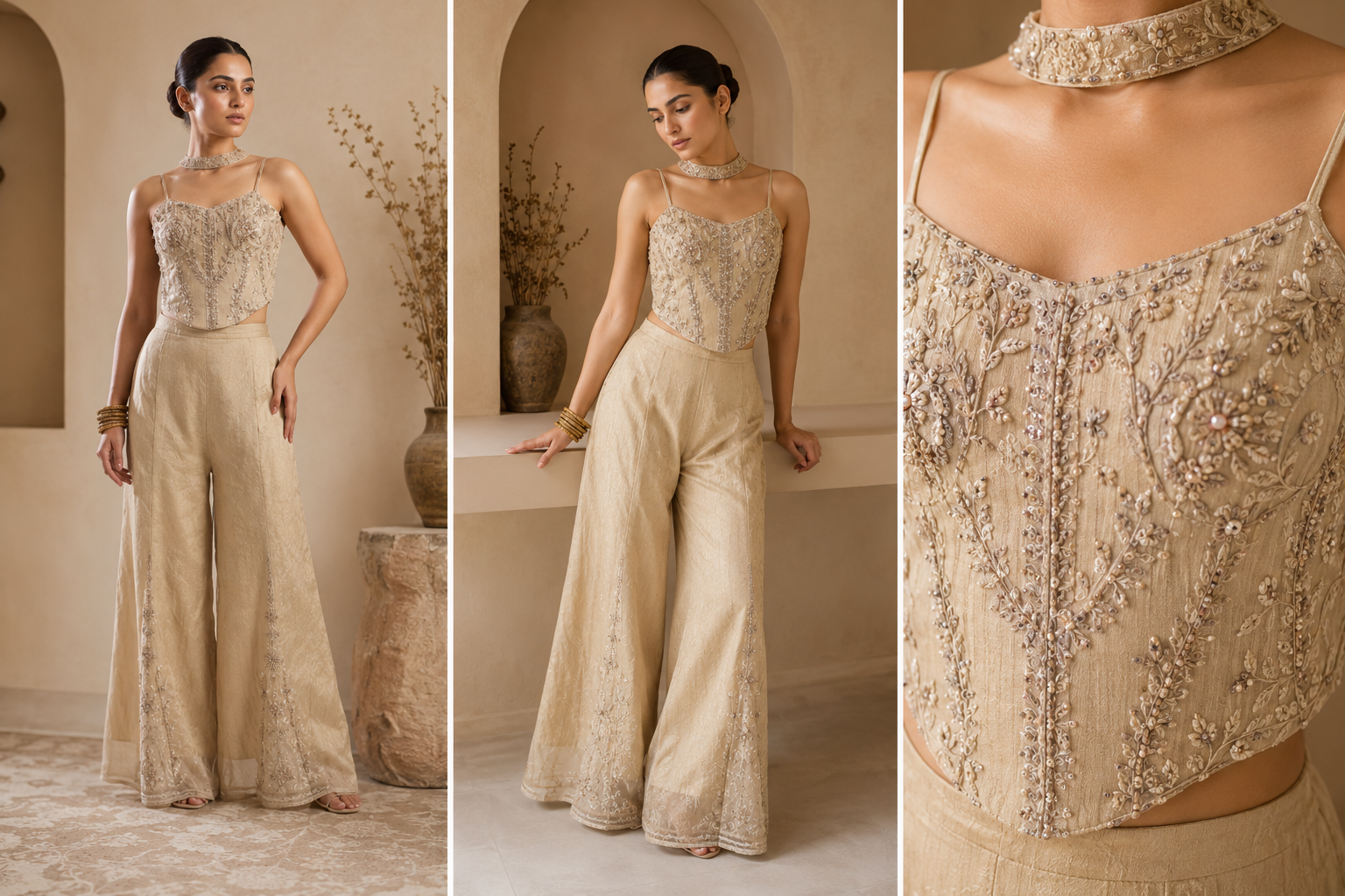 Beige Embroidered Crop Top & Flared Palazzo Set with Slits