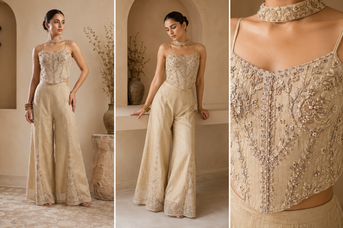 Beige Embroidered Crop Top & Flared Palazzo Set with Slits