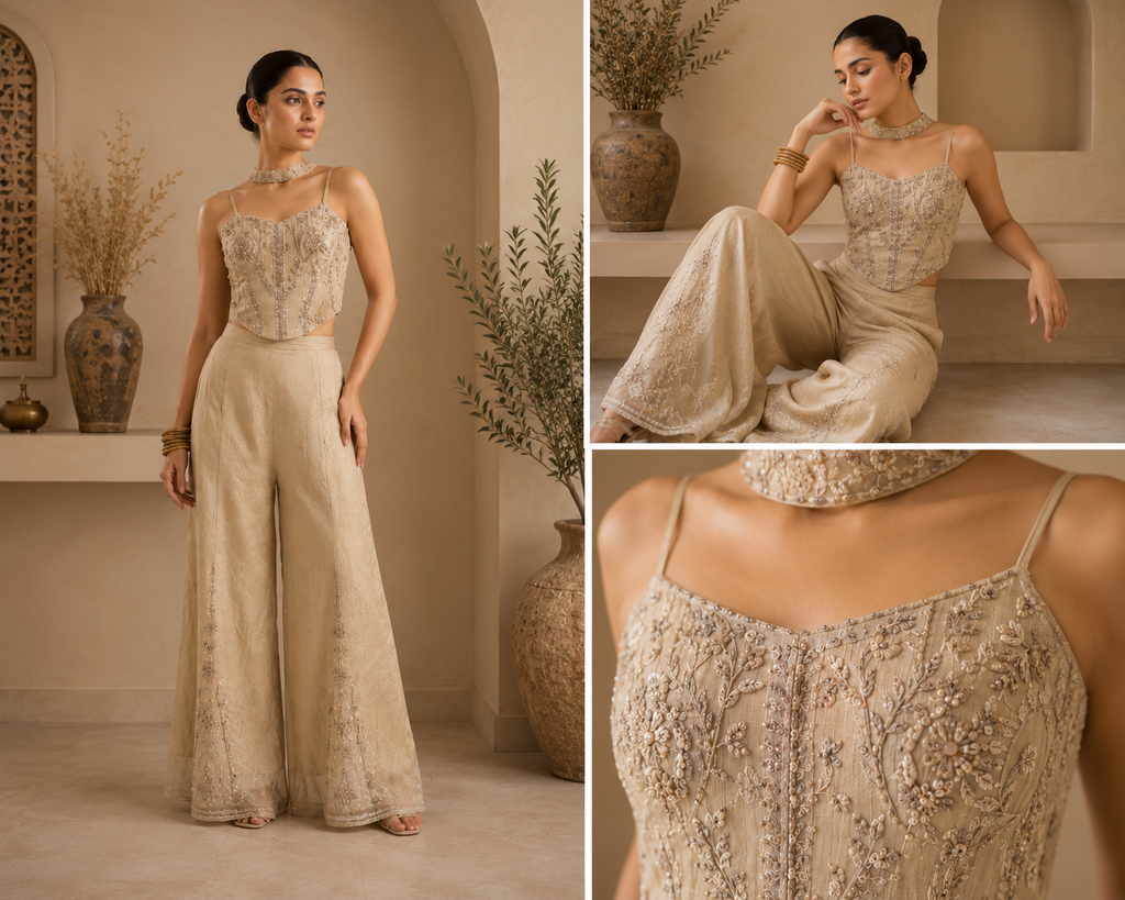 Beige Embroidered Crop Top & Flared Palazzo Set with Slits