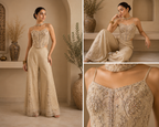 Beige Embroidered Crop Top & Flared Palazzo Set with Slits