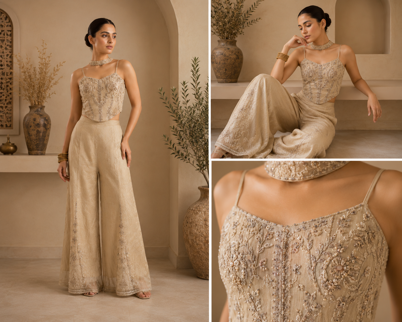 Beige Embroidered Crop Top & Flared Palazzo Set with Slits