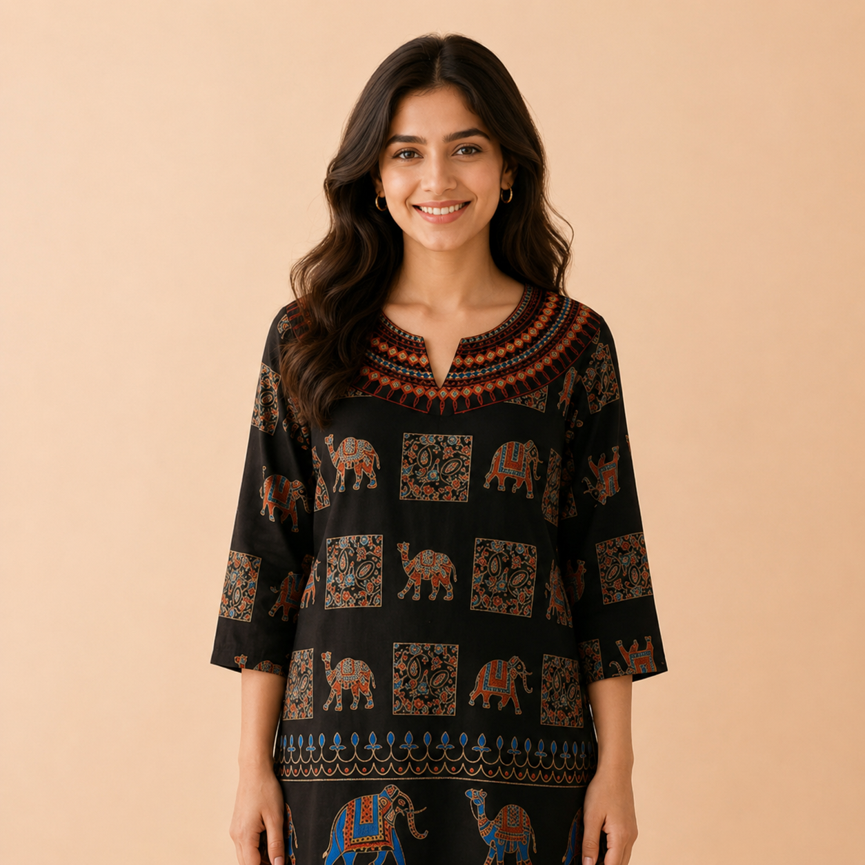 Avani Ornate Tribal Printed Tunic Top in Classic Black