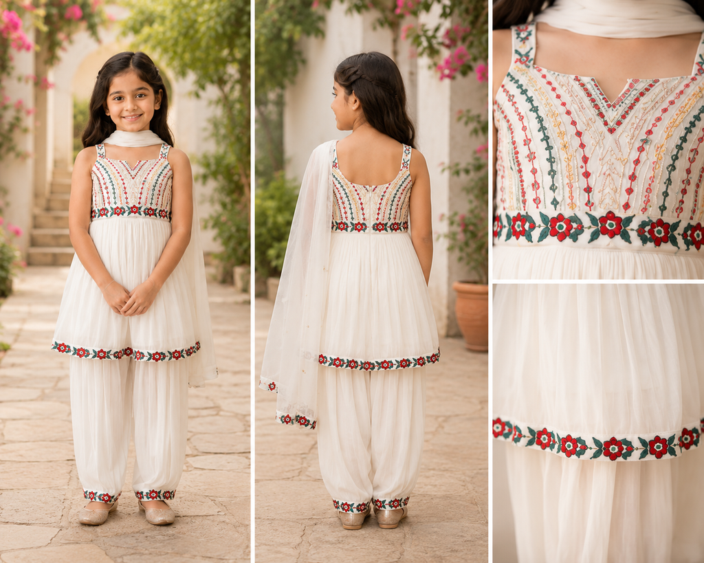 Diya Floral Embroidered Peplum & Tulip Salwar Set in Classic Ivory