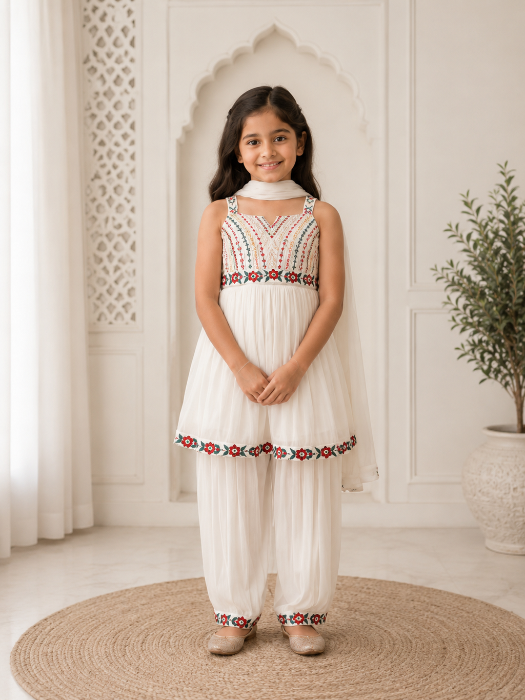 Diya Floral Embroidered Peplum & Tulip Salwar Set in Classic Ivory