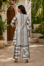 Diya Graphic Block-Print Tunic Set in Monochromatic Charcoal