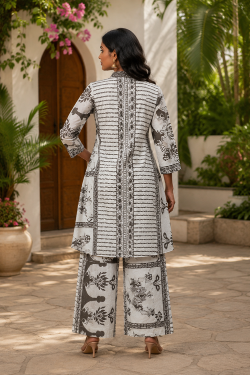 Diya Graphic Block-Print Tunic Set in Monochromatic Charcoal