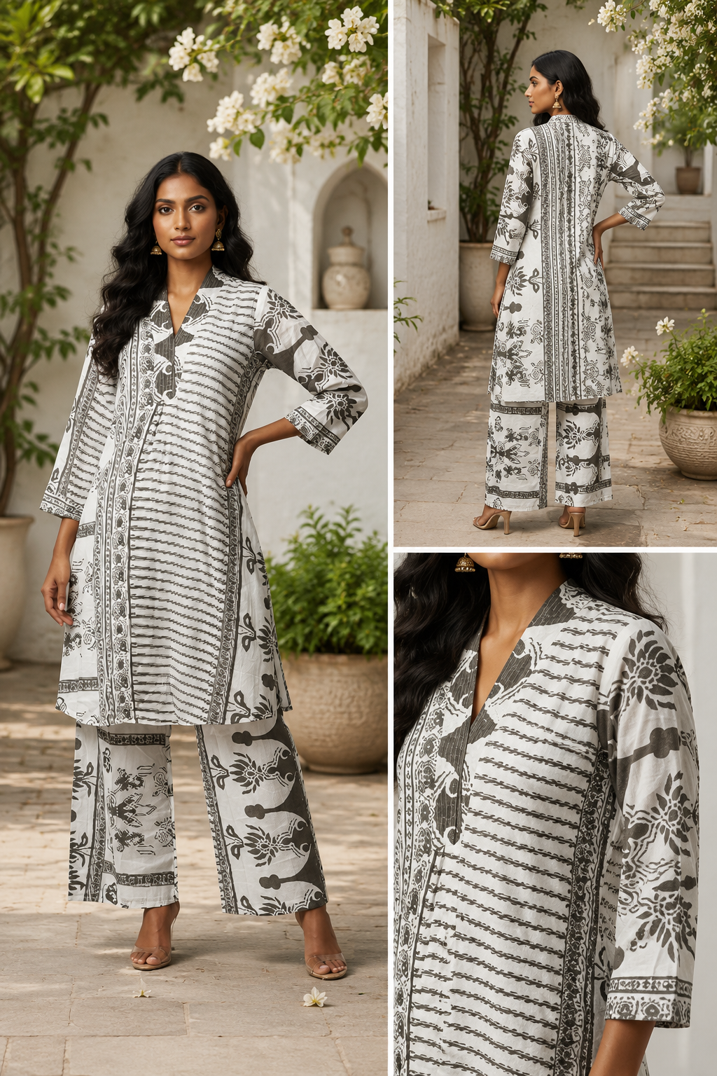 Diya Graphic Block-Print Tunic Set in Monochromatic Charcoal