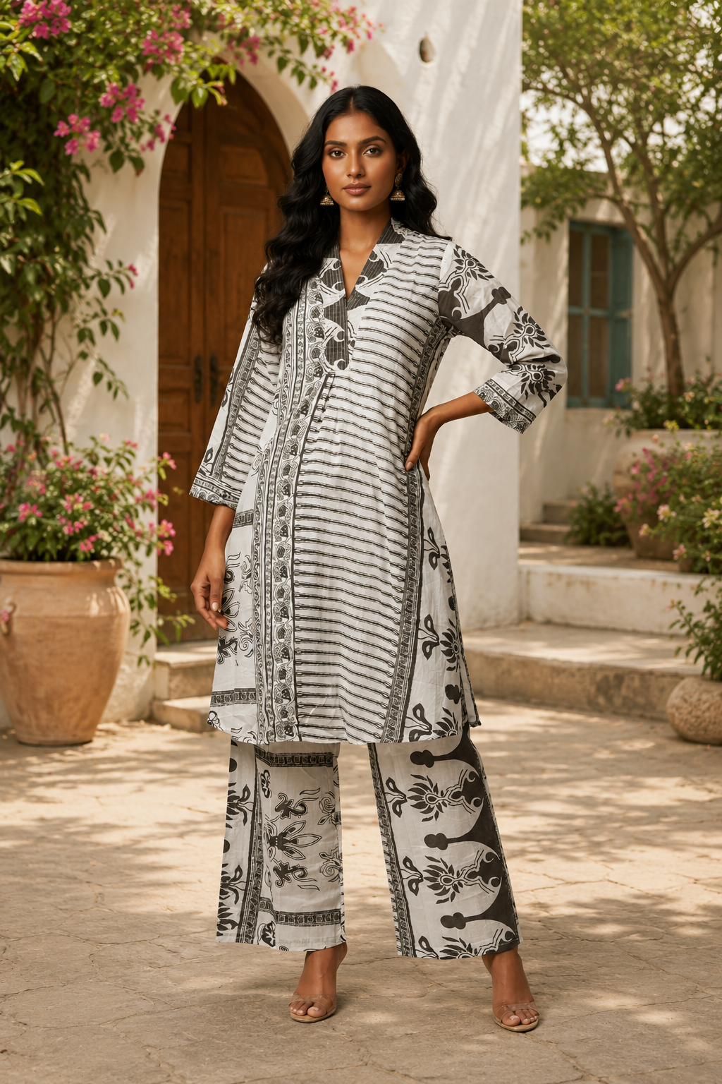 Diya Graphic Block-Print Tunic Set in Monochromatic Charcoal