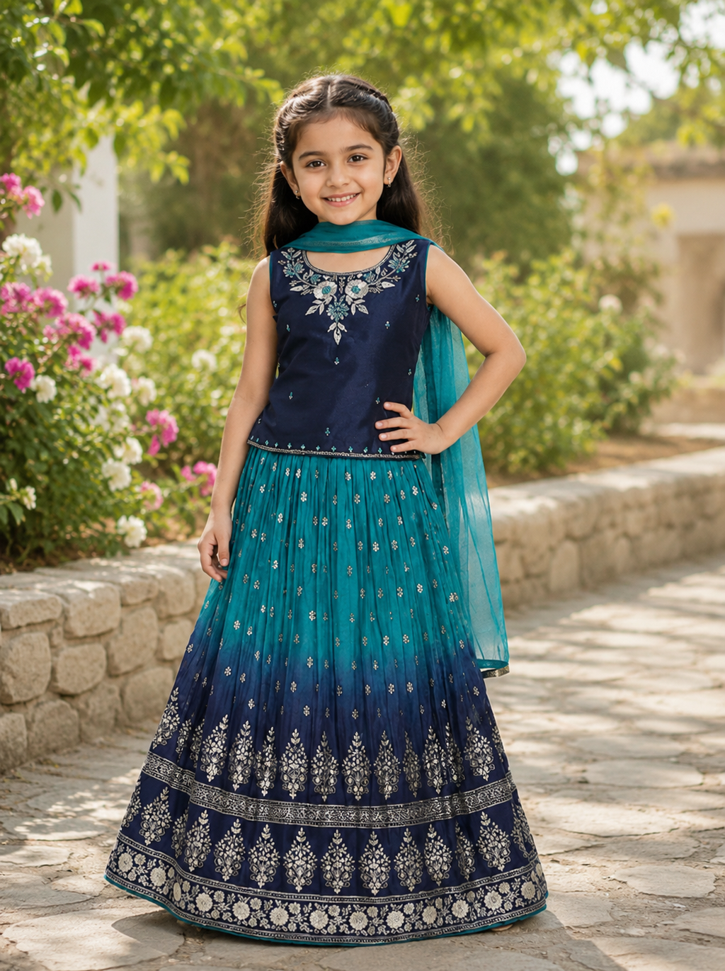 Girls Navy & Teal Ombre Embroidered Lehenga Set with Dupatta