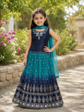 Girls Navy & Teal Ombre Embroidered Lehenga Set with Dupatta