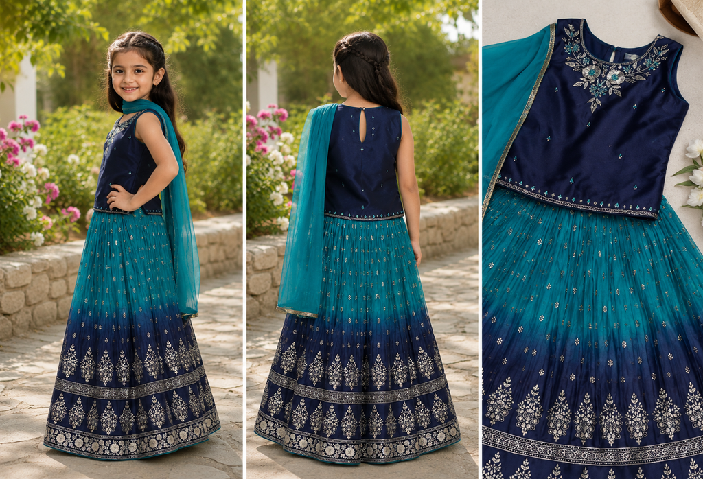 Girls Navy & Teal Ombre Embroidered Lehenga Set with Dupatta
