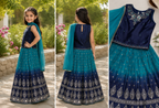 Girls Navy & Teal Ombre Embroidered Lehenga Set with Dupatta