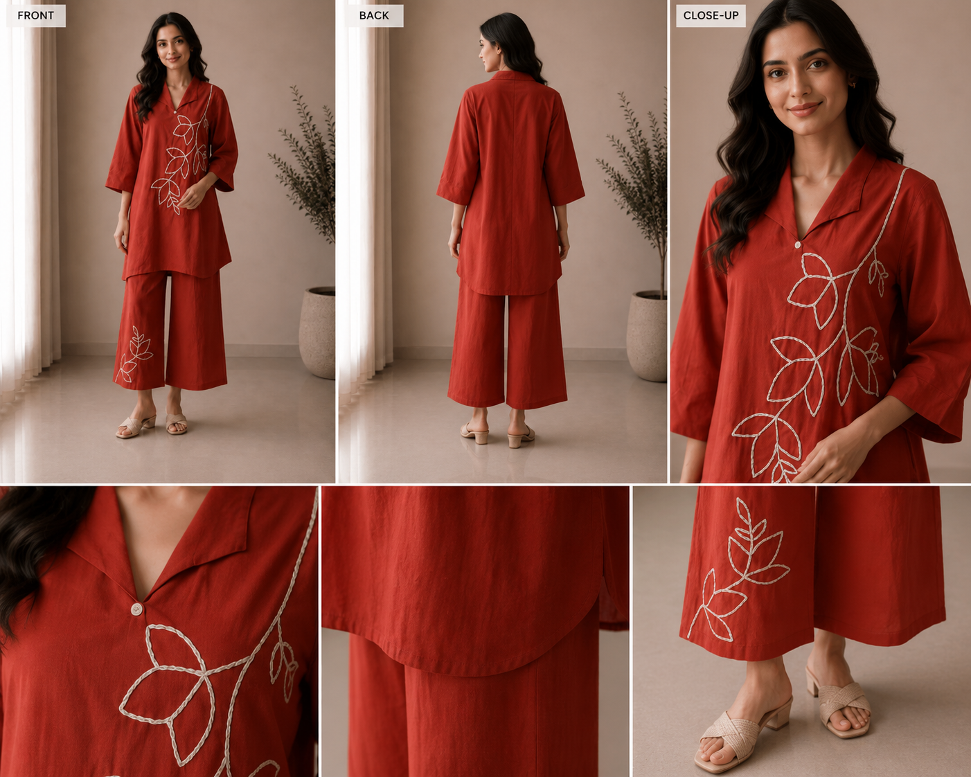 Ira Botanical Embroidered Loungewear Set in Burnt Terracotta