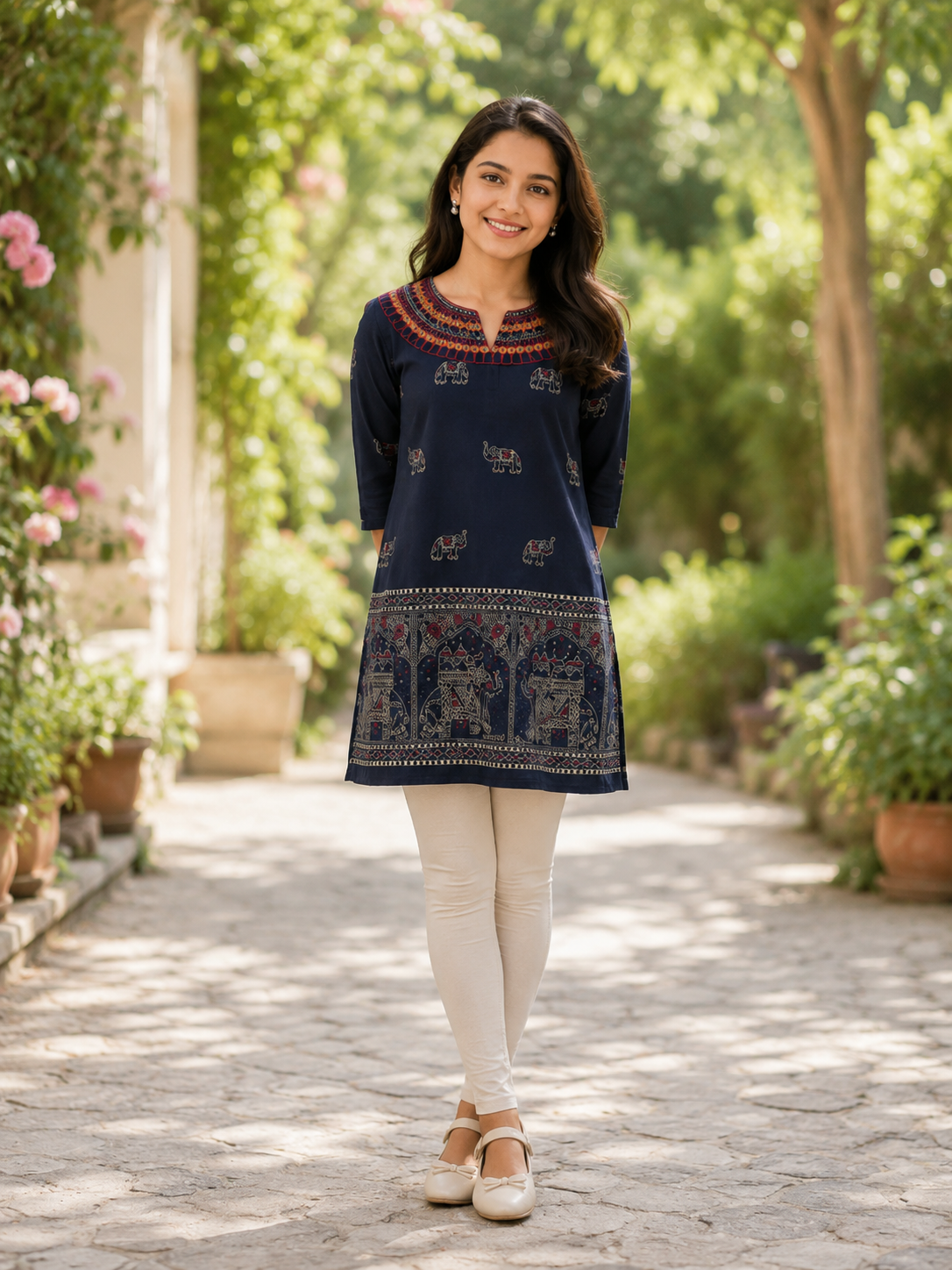 Ira Ornate Elephant Printed Tunic Top in Deep Navy