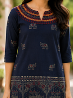 Ira Ornate Elephant Printed Tunic Top in Deep Navy