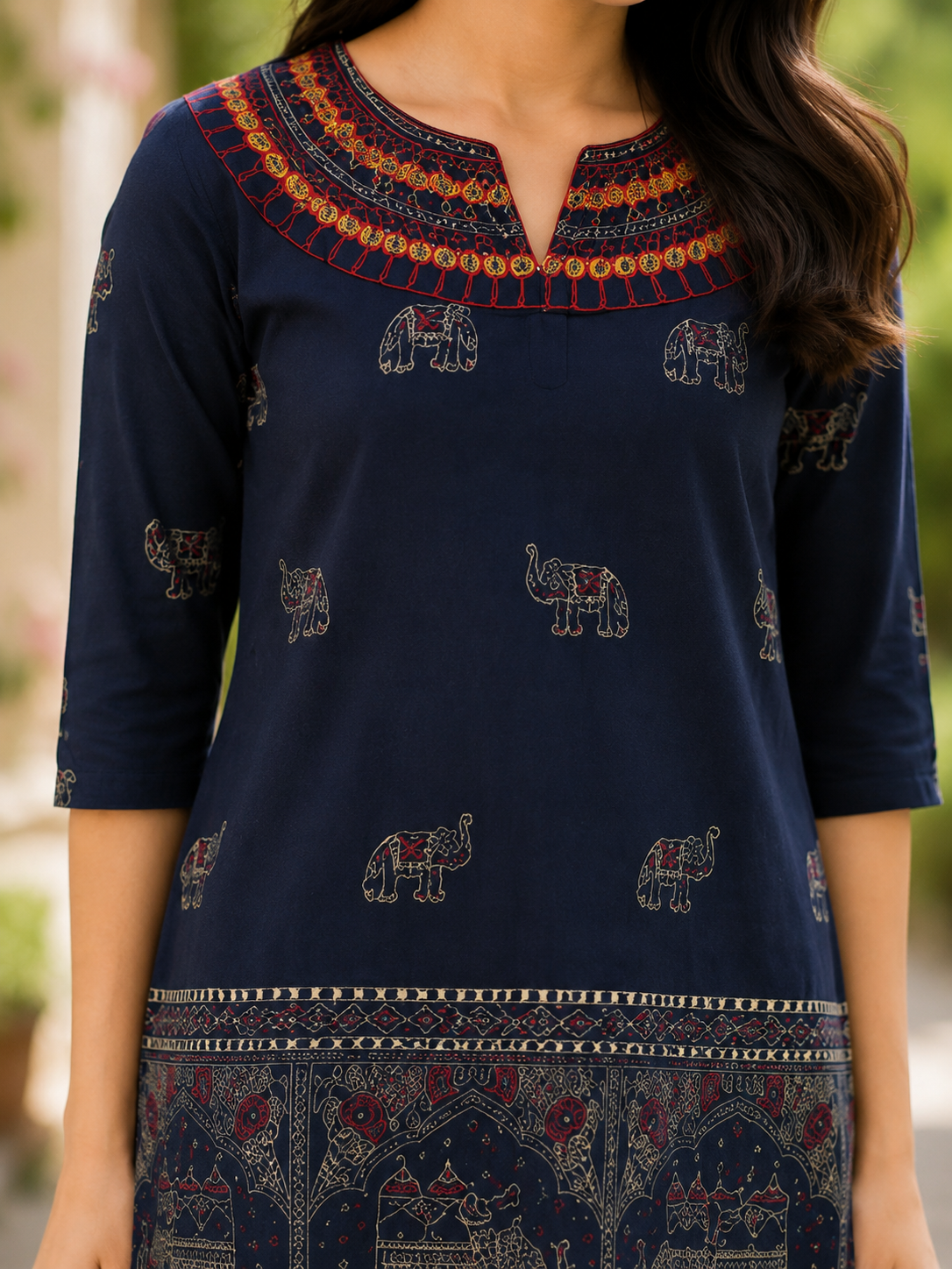 Ira Ornate Elephant Printed Tunic Top in Deep Navy