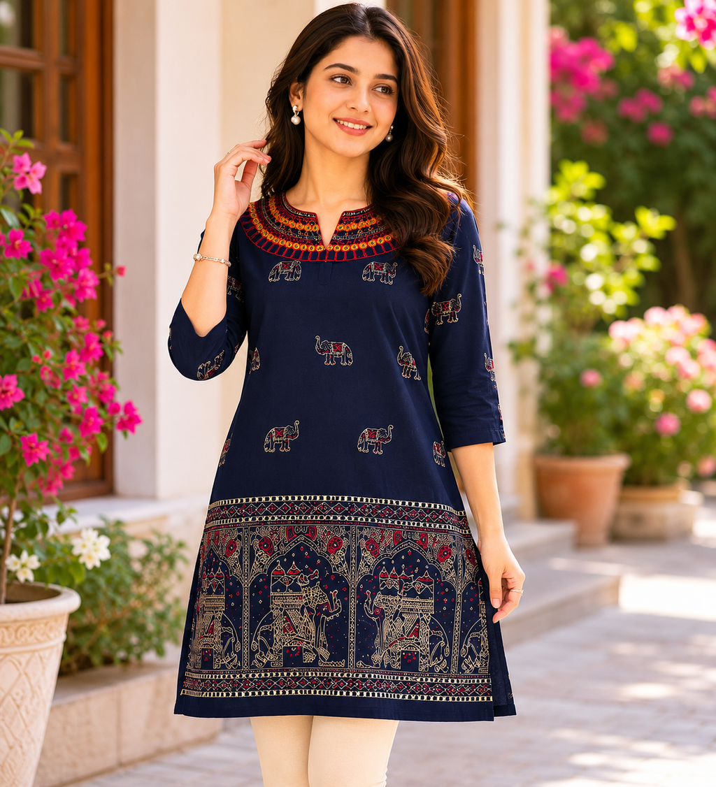 Ira Ornate Elephant Printed Tunic Top in Deep Navy