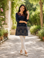 Ira Ornate Elephant Printed Tunic Top in Deep Navy