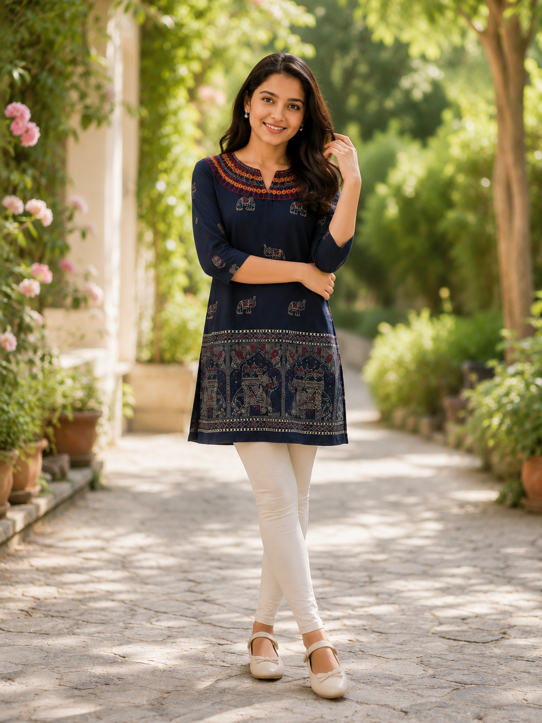 Ira Ornate Elephant Printed Tunic Top in Deep Navy