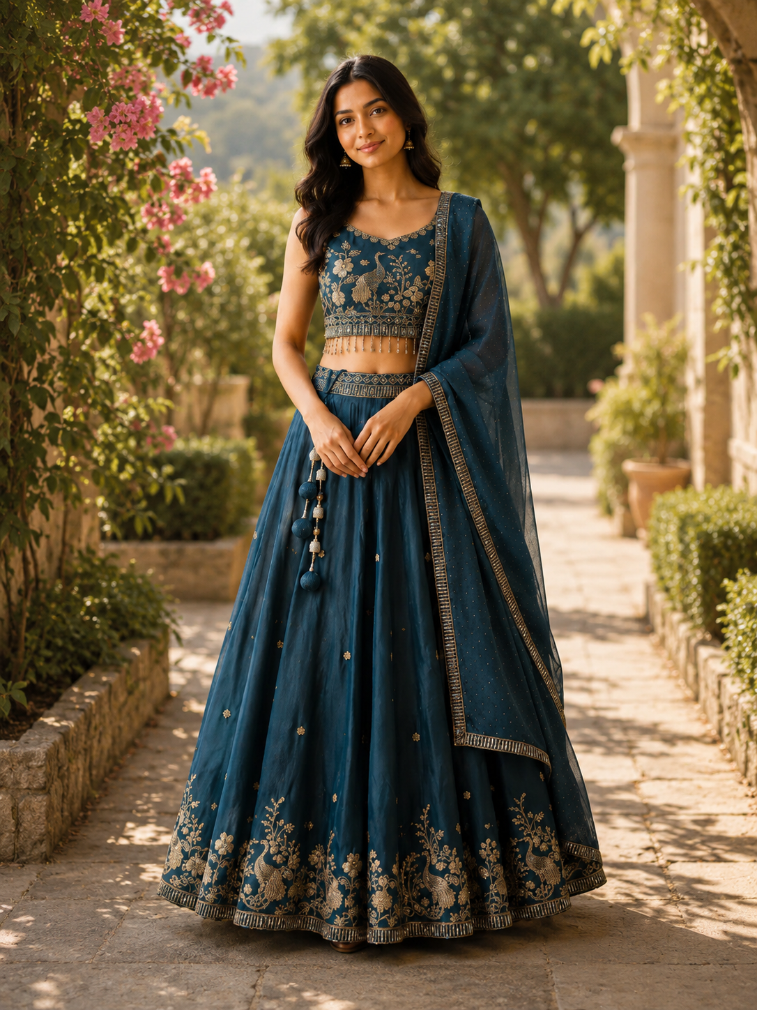 Kavya Regal Peacock Embroidered Lehenga Suit in Silk Teal