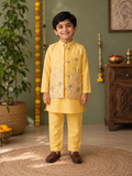 Kids Bright Yellow 3-Piece Kurta Pajama with Pastel Floral Embroidered Waistcoat