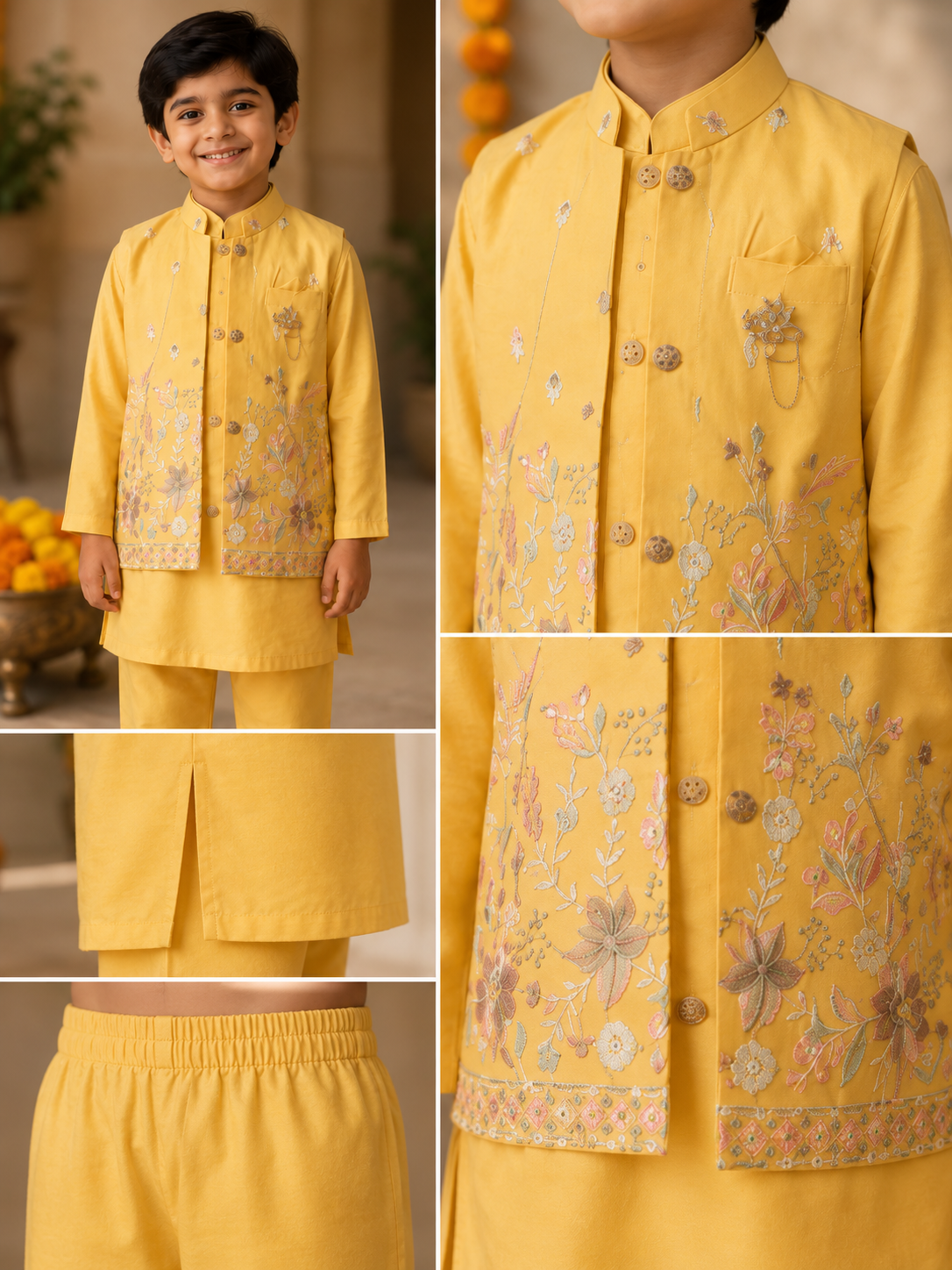 Kids Bright Yellow 3-Piece Kurta Pajama with Pastel Floral Embroidered Waistcoat