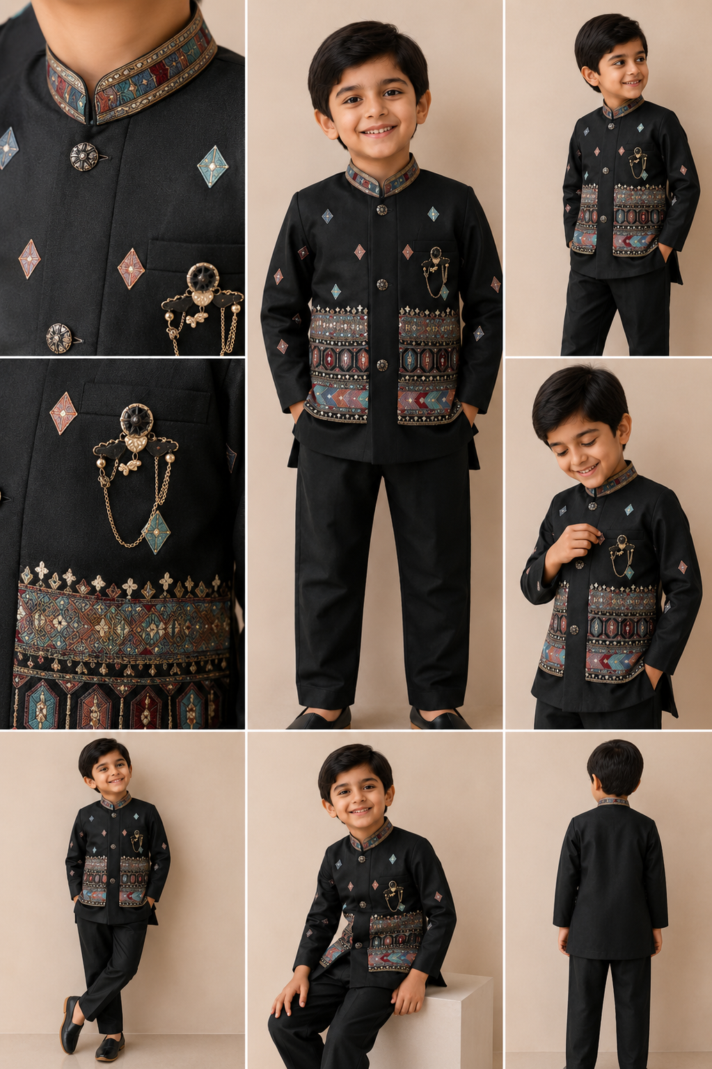 Kids Dark Green 2-Piece Indo-Western Sherwani Suit with Heritage Geometric Border