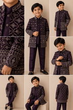 Kids Deep Velvet 3-Piece Indo-Western Sherwani with Ivory Trellis Embroidery