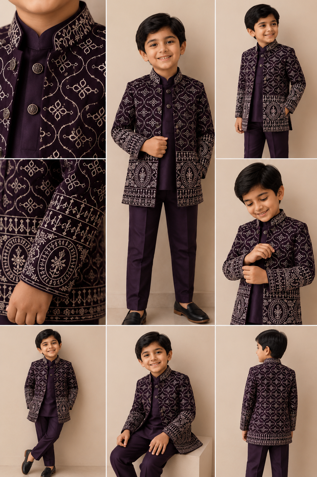 Kids Deep Velvet 3-Piece Indo-Western Sherwani with Ivory Trellis Embroidery
