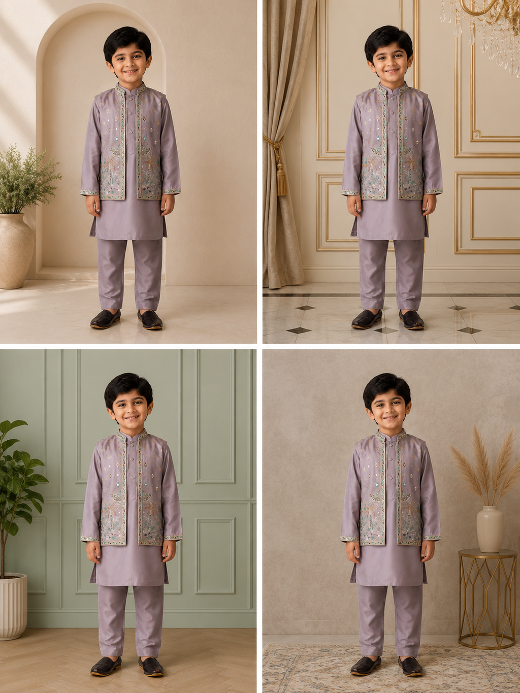 Kids Lilac 3-Piece Kurta Pajama with Mirror-Work & Embroidered Waistcoat