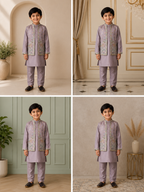 Kids Lilac 3-Piece Kurta Pajama with Mirror-Work & Embroidered Waistcoat