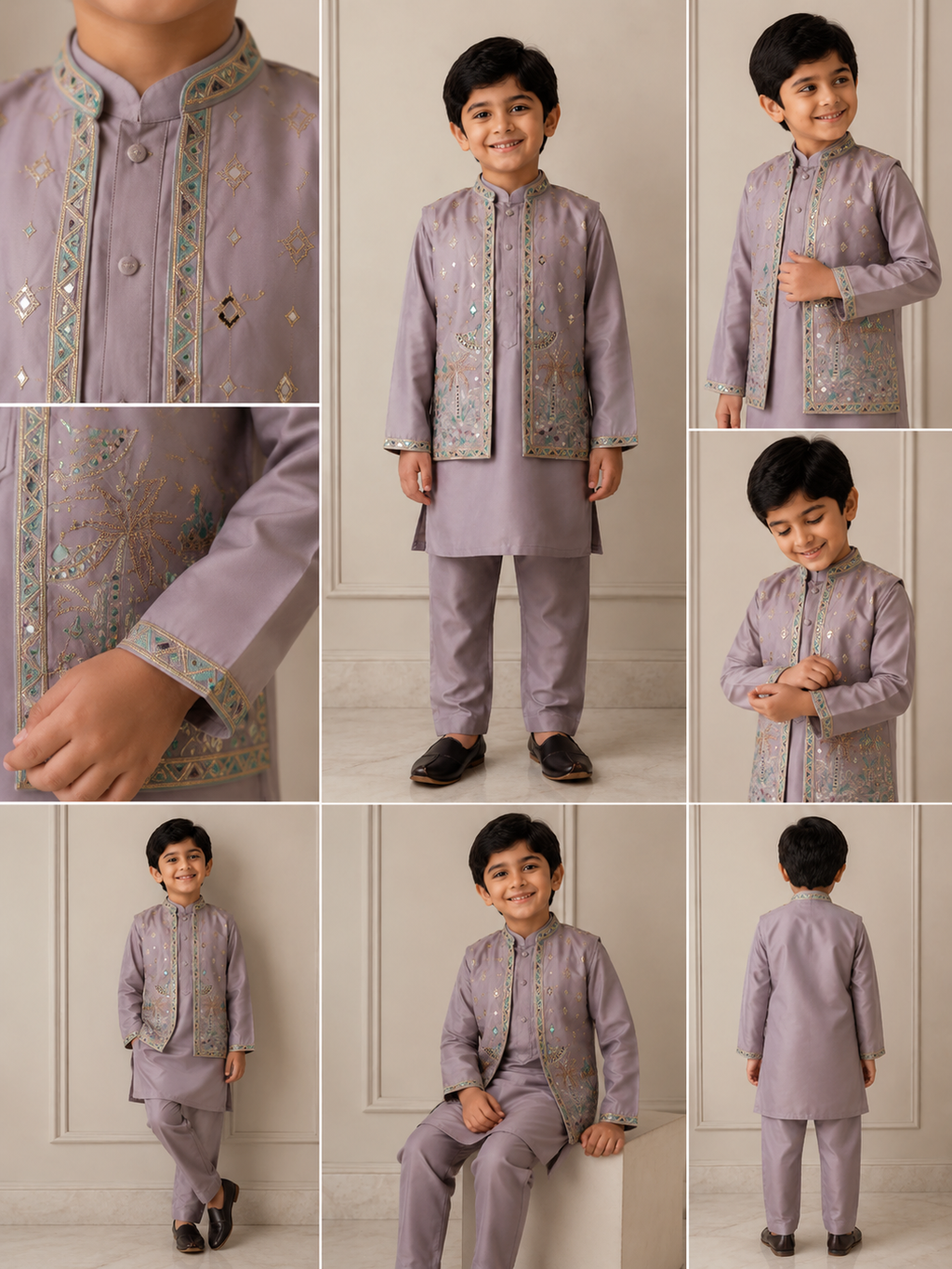 Kids Lilac 3-Piece Kurta Pajama with Mirror-Work & Embroidered Waistcoat