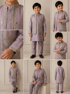 Kids Lilac 3-Piece Kurta Pajama with Mirror-Work & Embroidered Waistcoat