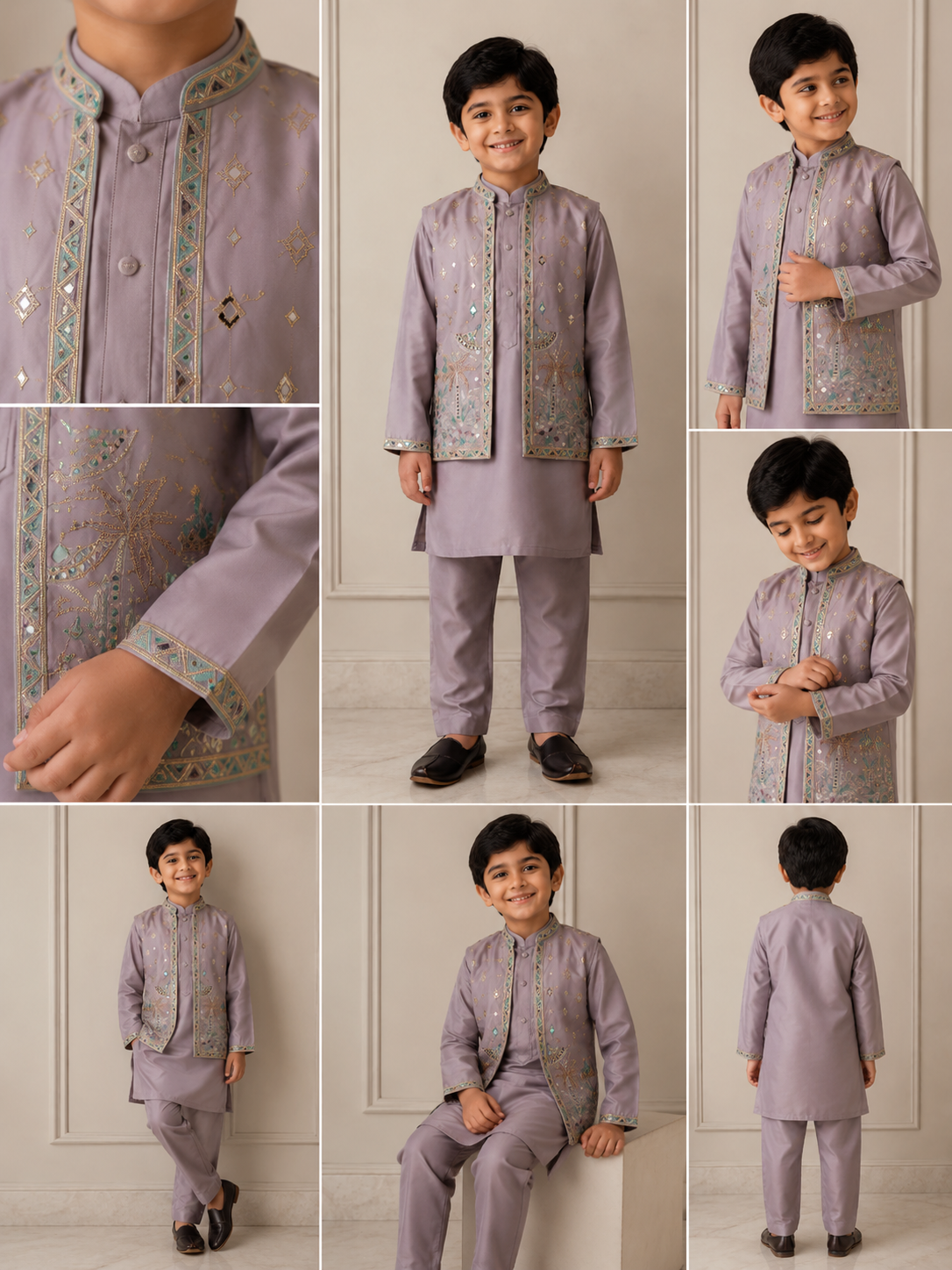 Kids Lilac 3-Piece Kurta Pajama with Mirror-Work & Embroidered Waistcoat