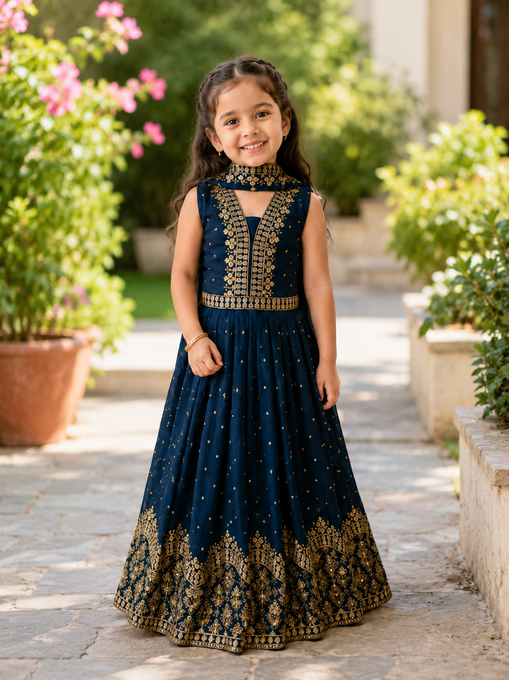 Kids Royal Blue Anarkali-Style Lehenga Choli with Festive Gold Zari Work