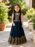 Kids Royal Blue Anarkali-Style Lehenga Choli with Festive Gold Zari Work