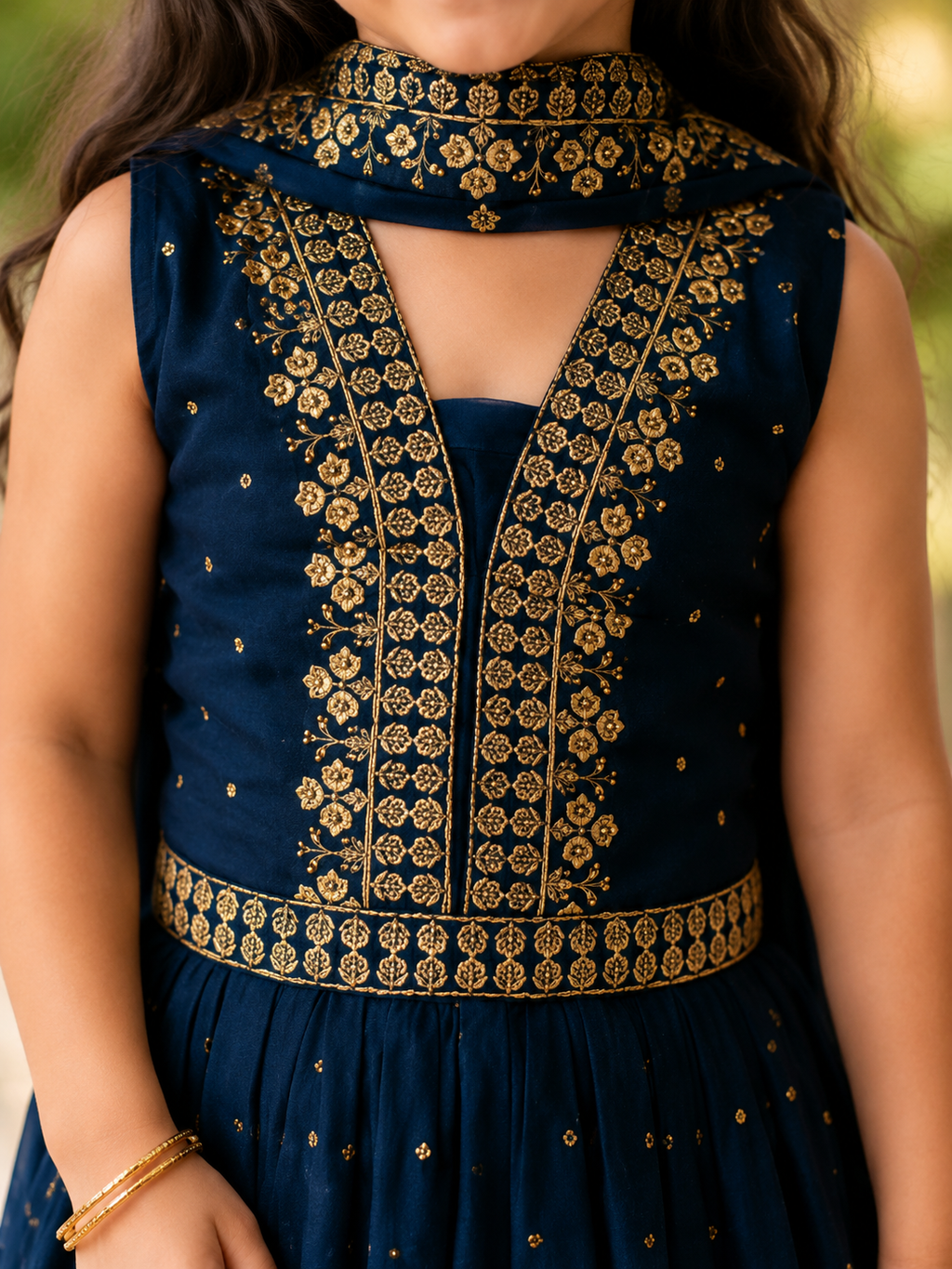 Kids Royal Blue Anarkali-Style Lehenga Choli with Festive Gold Zari Work