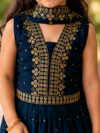 Kids Royal Blue Anarkali-Style Lehenga Choli with Festive Gold Zari Work