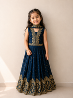 Kids Royal Blue Anarkali-Style Lehenga Choli with Festive Gold Zari Work