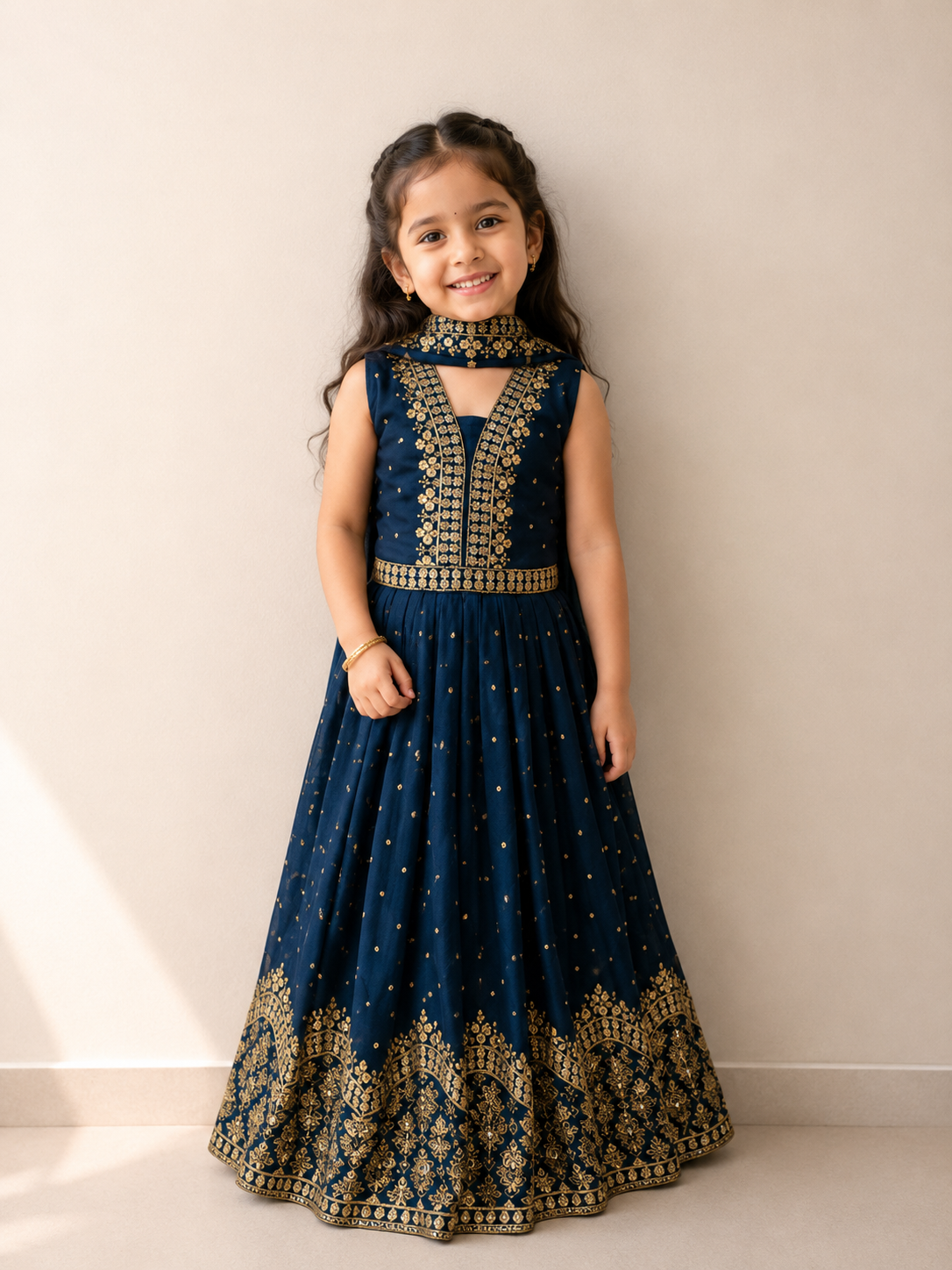 Kids Royal Blue Anarkali-Style Lehenga Choli with Festive Gold Zari Work