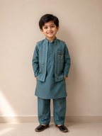 Kids Traditional 3-Piece Kurta Pajama with Embroidered Nehru Jacket (Teal Blue)